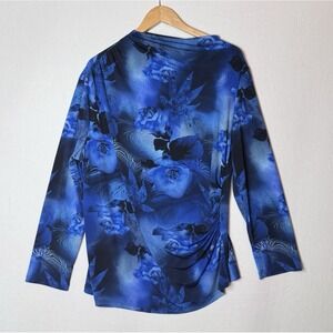 Clara Sun Woo Asymmetric Tunic Top Sz 1X Blue Dark Floral Unique Neck Whimsygoth